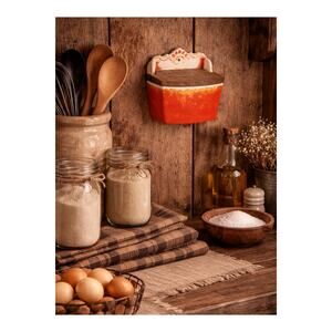 Vintage Wood Cover Orange Ceramic Stoneware Salt Box Wall Hanging